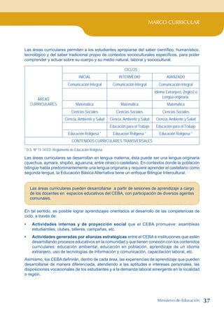 MARCO CURRICULAR
Las áreas curriculares permiten a los estudiantes apropiarse del saber científico, humanístico,
tecnológico y del saber tradicional propio de contextos socioculturales específicos, para poder
comprender y actuar sobre su cuerpo y su medio natural, laboral y sociocultural.
ÁREAS
CURRICULARES
CICLOS
INICIAL INTERMEDIO AVANZADO
Comunicación Integral Comunicación Integral Comunicación Integral
Idioma Extranjero, (Inglés) o
Lengua originaria.
Matemática Matemática Matemática
Ciencias Sociales Ciencias Sociales Ciencias Sociales
Ciencia, Ambiente y Salud Ciencia, Ambiente y Salud Ciencia, Ambiente y Salud
Educación para el Trabajo Educación para el Trabajo
Educación Religiosa * Educación Religiosa * Educación Religiosa *
CONTENIDOS CURRICULARES TRANSVERSALES
* D.S. Nº 17-74-ED, Reglamento de Educación Religiosa
Las áreas curriculares se desarrollan en lengua materna; ésta puede ser una lengua originaria
(quechua, aymara, shipibo, aguaruna, entre otras) o castellano. En contextos donde la población
bilingüe habla predominantemente una lengua originaria y requiere aprender el castellano como
segunda lengua, la Educación Básica Alternativa tiene un enfoque Bilingüe Intercultural.
Las áreas curriculares pueden desarrollarse a partir de sesiones de aprendizaje a cargo
de los docentes en espacios educativos del CEBA, con participación de diversos agentes
comunales.
En tal sentido, es posible lograr aprendizajes orientados al desarrollo de las competencias de
ciclo, a través de:
Actividades internas y de proyección social que el CEBA promueve: asambleas
estudiantiles, clubes, talleres, campañas, etc.
Actividades generadas por alianzas estratégicas entre el CEBA e instituciones que estén
desarrollando procesos educativos en la comunidad y que tienen conexión con los contenidos
curriculares: educación ambiental, educación en población, aprendizaje de un idioma
extranjero, uso de tecnologías de información y comunicación, capacitación laboral, etc.
Asimismo, los CEBA definirán, dentro de cada área, las experiencias de aprendizaje que pueden
desarrollarse de manera diferenciada, atendiendo a las aptitudes e intereses personales, las
disposiciones vocacionales de los estudiantes y a la demanda laboral emergente en la localidad
o región.
•
•
Ministerio de Educación 37
 