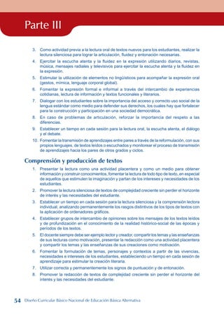 Parte III
3. Como actividad previa a la lectura oral de textos nuevos para los estudiantes, realizar la
lectura silenciosa para lograr la articulación, fluidez y entonación necesarias.
4. Ejercitar la escucha atenta y la fluidez en la expresión utilizando diarios, revistas,
música, mensajes radiales y televisivos para ejercitar la escucha atenta y la fluidez en
la expresión.
5. Estimular la utilización de elementos no lingüísticos para acompañar la expresión oral
(gestos, mímica, lenguaje corporal global).
6. Fomentar la expresión formal e informal a través del intercambio de experiencias
cotidianas, lectura de información y textos funcionales y literarios.
7. Dialogar con los estudiantes sobre la importancia del acceso y correcto uso social de la
lengua estándar como medio para defender sus derechos, los cuales hay que fortalecer
para la construcción y participación en una sociedad democrática.
8. En caso de problemas de articulación, reforzar la importancia del respeto a las
diferencias.
9. Establecer un tiempo en cada sesión para la lectura oral, la escucha atenta, el diálogo
y el debate.
10. Fomentar la transmisión de aprendizajes entre pares a través de la reformulación, con sus
propios lenguajes, de textos leídos o escuchados y monitorear el proceso de transmisión
de aprendizajes hacia los pares de otros grados y ciclos.
Comprensión y producción de textos
1. Presentar la lectura como una actividad placentera y como un medio para obtener
información y construir conocimientos, fomentar la lectura de todo tipo de texto, en especial
de aquellos que estimulen la imaginación y partan de los intereses y necesidades de los
estudiantes.
2. Promover la lectura silenciosa de textos de complejidad creciente sin perder el horizonte
de interés y las necesidades del estudiante.
3. Establecer un tiempo en cada sesión para la lectura silenciosa y la comprensión lectora
individual, analizando permanentemente los rasgos distintivos de los tipos de textos con
la aplicación de ordenadores gráficos.
4. Establecer grupos de intercambio de opiniones sobre los mensajes de los textos leídos
y de profundización en el conocimiento de la realidad histórico-social de las épocas y
períodos de los textos.
5. El docente siempre debe ser ejemplo lector y creador, compartir los temas y las enseñanzas
de sus lecturas como motivación, presentar la redacción como una actividad placentera
y compartir los temas y las enseñanzas de sus creaciones como motivación.
6. Fomentar la formulación de temas, personajes y contextos a partir de las vivencias,
necesidades e intereses de los estudiantes, estableciendo un tiempo en cada sesión de
aprendizaje para estimular la creación literaria.
7. Utilizar correcta y permanentemente los signos de puntuación y de entonación.
8. Promover la redacción de textos de complejidad creciente sin perder el horizonte del
interés y las necesidades del estudiante.
54 Diseño Curricular Básico Nacional de Educación Básica Alternativa
 