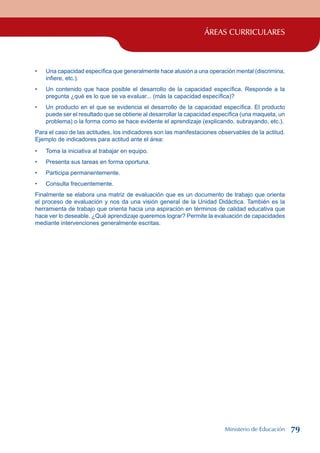 ÁREAS CURRICULARES
Una capacidad específica que generalmente hace alusión a una operación mental (discrimina,
infiere, etc.).
Un contenido que hace posible el desarrollo de la capacidad específica. Responde a la
pregunta ¿qué es lo que se va evaluar... (más la capacidad específica)?
Un producto en el que se evidencia el desarrollo de la capacidad específica. El producto
puede ser el resultado que se obtiene al desarrollar la capacidad específica (una maqueta, un
problema) o la forma como se hace evidente el aprendizaje (explicando, subrayando, etc.).
Para el caso de las actitudes, los indicadores son las manifestaciones observables de la actitud.
Ejemplo de indicadores para actitud ante el área:
Toma la iniciativa al trabajar en equipo.
Presenta sus tareas en forma oportuna.
Participa permanentemente.
Consulta frecuentemente.
Finalmente se elabora una matriz de evaluación que es un documento de trabajo que orienta
el proceso de evaluación y nos da una visión general de la Unidad Didáctica. También es la
herramienta de trabajo que orienta hacia una aspiración en términos de calidad educativa que
hace ver lo deseable. ¿Qué aprendizaje queremos lograr? Permite la evaluación de capacidades
mediante intervenciones generalmente escritas.
•
•
•
•
•
•
•
Ministerio de Educación 79
 