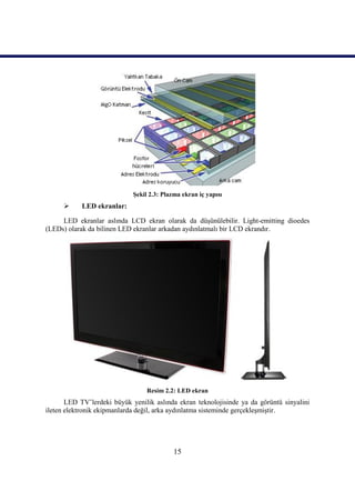 15
ġekil 2.3: Plazma ekran iç yapısı
 LED ekranlar:
LED ekranlar aslında LCD ekran olarak da düĢünülebilir. Light-emitting dioedes
(LEDs) olarak da bilinen LED ekranlar arkadan aydınlatmalı bir LCD ekrandır.
Resim 2.2: LED ekran
LED TV’lerdeki büyük yenilik aslında ekran teknolojisinde ya da görüntü sinyalini
ileten elektronik ekipmanlarda değil, arka aydınlatma sisteminde gerçekleĢmiĢtir.
 