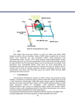 24
ġekil 2.5: LCD projeksiyon iç yapısı
 DLP
DLP (digital light processing) cihazları ise optik yarı iletken diye bilinen DMD
(digital micromirror device) teknolojiyi kullanır. DMD chipleri resimdeki her bir piksele
karĢılık resim oluĢturmak için ıĢığı yansıtabilen binlerce küçük alüminyum ayna
parçacıklarından oluĢur. Aynalar ±10-12o
kendi baĢlarına hareket edebilmektedir. Burada
amaç gelen ıĢığı lense veya lens dıĢına göndermektir. Resim sanki küçük karelerden oluĢmuĢ
bir yapıya bürünür. Her bir resim parçası (piksel), ayrı bir ayna parçasının üzerindedir. Ayna
parçalarının sayısı çözünürlüğü belirler. Siyah beyaz bir resim oluĢturulurken ıĢık
kaynağından gelen ıĢığı, birim zamanda daha çok yansıtan ayna beyaz bir noktanın, daha az
yansıtan ayna ise koyu bir noktanın oluĢumuna sebebiyet vermektedir. Renkli bir resim
oluĢturulurken hızla dönen renk filtresinden geçen ıĢık renklere (RGB) ayrılarak DMD
yardımıyla lens üzerine yansıtılır.
 Led projeksiyon:
Led projeksiyon teknolojisinin görünen en büyük avantajı uzun projeksiyon lamba
ömrüdür. Led projeksiyon cihazlarına biçilen ortalama lamba ömrü 30.000 saattir. Bu LCD
ve DLP projeksiyon cihazlarındaki 3.000-4.000 saatlik ortalama değerler düĢünüldüğünde
inanılmaz bir avantaj olarak gözüküyor (Hele ki 250 Eur’lardan baĢlayan projeksiyon yedek
lamba fiyatlarıyla birlikte ele alındığında.). LED projeksiyon teknolojisinin
bahsedebileceğimiz diğer avantajı ise projektörün oldukça küçük olan boyutları olabilir.
Lambanın ısınma sorunu olmadığından güçlü bir fana ihtiyaç duyulmamakta, bu da cihazın
boyutlarının oldukça küçülebilmesine olanak sağlamaktadır.
Led projeksiyon teknolojisinin dezavantajlarına bakacak olursak: Çok düĢük olan
ıĢık gücü değerinden söz etmemiz gerekir. ġu anda satılmakta olan LED
 