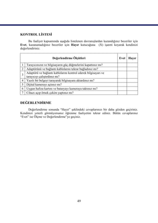 49
KONTROL LĠSTESĠ
Bu faaliyet kapsamında aĢağıda listelenen davranıĢlardan kazandığınız beceriler için
Evet, kazanamadığınız beceriler için Hayır kutucuğuna (X) iĢareti koyarak kendinizi
değerlendiriniz.
Değerlendirme Ölçütleri Evet Hayır
1 Tarayıcınızın ve bilgisayarın güç düğmelerini kapattınız mı?
2 Adaptörünü ve bağlantı kablolarını tekrar bağladınız mı?
3
Adaptörü ve bağlantı kablolarını kontrol ederek bilgisayarı ve
tarayıcıyı çalıĢtırdınız mı?
4 Yazılı bir belgeyi tarayarak bilgisayara aktardınız mı?
5 Dijital kamerayı açtınız mı?
6 Uygun hafıza kartını ve bataryayı kameraya taktınız mı?
7 Cihazı açıp örnek çekim yaptınız mı?
DEĞERLENDĠRME
Değerlendirme sonunda “Hayır” Ģeklindeki cevaplarınızı bir daha gözden geçiriniz.
Kendinizi yeterli görmüyorsanız öğrenme faaliyetini tekrar ediniz. Bütün cevaplarınız
“Evet” ise Ölçme ve Değerlendirme”ye geçiniz.
 