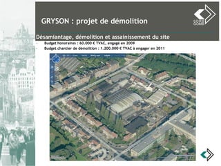 Désamiantage, démolition et assainissement du site Budget honoraires : 60.000 € TVAC, engagé en 2009 Budget chantier de démolition : 1.200.000 € TVAC à engager en 2011 GRYSON : projet de démolition 