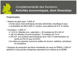 Complémentarité des fonctions :  Activités économiques, dont Greenbizz Programmation Ateliers de plein pied : 5.000 m²  livrés casco mais techniques de base (électricité, chauffage et eau) modulables de 250 à 500 m²; hauteur sous plafond de 8 à 12 mètres  Incubateur : 2.500 m²  1.410 m² affectés à la « pépinière », 30 modules de 20 à 40 m² 150 m2 affectés à la pré-incubation, 10 modules de 15 m² 370 m2  aux surfaces administratives dont 100 m² l’administration du  centre et 270 m² pour le CSTC  le solde aux espaces communs (salles de réunion, cafeteria, sanitaires)  et circulations Espaces de production de biens immatériels (au sens du PRAS): 4.500 m²  destinés à l’accueil des entreprises répondant aux critères de la SDRB 