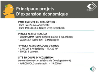 Principaux projets  D’expansion économique PARC PME SITE EN REALISATION : Parc PAEPSEM à Anderlecht Parc TWEEBEEK à Neder-Over-Heembeek PROJET MIXTES REALISES BIRMINGHAM (usine Renova-Bulex) à Molenbeek LAVOISIER (usine BAT) à Molenbeek PROJET MIXTE EN COURS D’ETUDE GRYSON à Anderlecht ~   17.420 m²  TIVOLI à Laeken. SITE EN COURS D’ACQUISITION   (remembrement et schéma de Développement) - MARCO POLO(Anderlecht) ~   19.000 m²   