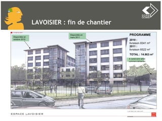 LAVOISIER : fin de chantier  A construire selon commercialisation PROGRAMME  2010 :  livraison 8341 m²  2011 :  livraison 6522 m² TOTAL : 14.863 m² Disponible en  octobre 2010 Disponible en  mars 2011 