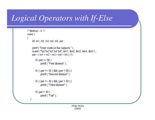 Logical Operators with If-Else




                 Vinay Arora
                    CSED
 