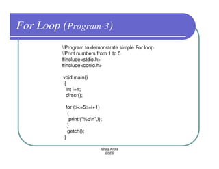 For Loop (Program-3)
         //Program to demonstrate simple For loop
         //Print numbers from 1 to 5
         #include<stdio.h>
         #include<conio.h>

         void main()
          {
           int i=1;
           clrscr();

           for (;i<=5;i=i+1)
            {
             printf("%dn",i);
            }
            getch();
          }

                             Vinay Arora
                                CSED
 