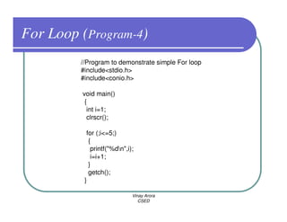 For Loop (Program-4)
         //Program to demonstrate simple For loop
         #include<stdio.h>
         #include<conio.h>

         void main()
          {
           int i=1;
           clrscr();

           for (;i<=5;)
            {
             printf("%dn",i);
             i=i+1;
            }
            getch();
          }

                             Vinay Arora
                                CSED
 