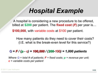 Hospital Example
            A hospital is considering a new procedure to be offered,
           billed at $200 per patient. The fixed cost (F) per year is…
           $100,000, with variable costs at $100 per patient.

              How many patients do they need to cover their costs?
               (I.E. what is the break-even level for this service?)

        Q = F / (p - c) = 100,000 / (200-100) = 1,000 patients
       Where Q = total # of patients; F = fixed costs; p = revenue per unit;
       c = variable costs per patient


© 2011 Lew Hofmann
 