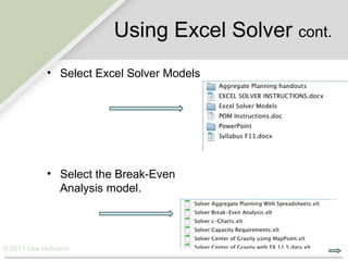 Using Excel Solver cont.
           • Select Excel Solver Models




           • Select the Break-Even
             Analysis model.




© 2011 Lew Hofmann
 