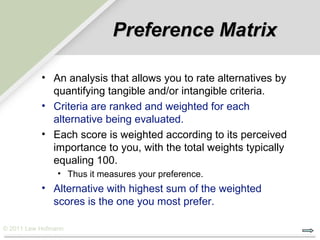 Preference Matrix

           • An analysis that allows you to rate alternatives by
             quantifying tangible and/or intangible criteria.
           • Criteria are ranked and weighted for each
             alternative being evaluated.
           • Each score is weighted according to its perceived
             importance to you, with the total weights typically
             equaling 100.
                • Thus it measures your preference.
           • Alternative with highest sum of the weighted
             scores is the one you most prefer.

© 2011 Lew Hofmann
 