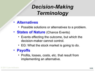Decision-Making
                            Terminology
            • Alternatives
                 • Possible solutions or alternatives to a problem.
            • States of Nature (Chance Events)
                 • Events effecting the outcome, but which the
                   decision-maker cannot control.
                 • EG: What the stock market is going to do.
            • Payoffs
                 • Profits, losses, costs, etc. that result from
                   implementing an alternative.

© 2011 Lew Hofmann
 