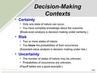 Decision-Making
                                   Contexts
             • Certainty
                     • Only one state of nature can occur.
                     • You have complete knowledge about the outcome.
                     (Break-even analysis is decision making under certainty.)
             • Risk
                     • Two or more states of nature
                     • You know the probabilities of their occurrence
                     (Expected-value analysis is decision making under risk.)
             • Uncertainty
                     • The number of states of nature may be unknown.
                     • Probabilities of occurrence are unknown.
                     (Payoff tables are a good example.)
© 2011 Lew Hofmann
 