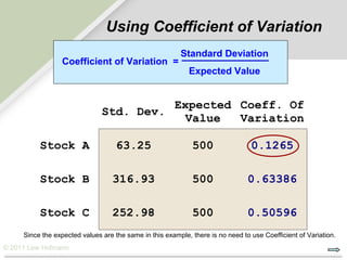 Using Coefficient of Variation
                                                         Standard Deviation
                 Coefficient of Variation =
                                                            Expected Value


                                                       Expected Coeff. Of
                               Std. Dev.
                                                         Value  Variation

          Stock A                   63.25                    500                 0.1265

          Stock B                 316.93                     500                0.63386

          Stock C                 252.98                     500                0.50596
     Since the expected values are the same in this example, there is no need to use Coefficient of Variation.
© 2011 Lew Hofmann
 