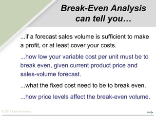 Break-Even Analysis
                             can tell you…
           ...if a forecast sales volume is sufficient to make
           a profit, or at least cover your costs.
           ...how low your variable cost per unit must be to
           break even, given current product price and
           sales-volume forecast.
           ...what the fixed cost need to be to break even.
           ...how price levels affect the break-even volume.

© 2011 Lew Hofmann
 