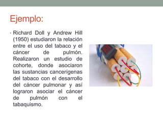 Ejemplo:
• Richard Doll y Andrew Hill
(1950) estudiaron la relación
entre el uso del tabaco y el
cáncer de pulmón.
Realizaron un estudio de
cohorte, donde asociaron
las sustancias cancerígenas
del tabaco con el desarrollo
del cáncer pulmonar y así
lograron asociar el cáncer
de pulmón con el
tabaquismo.
 