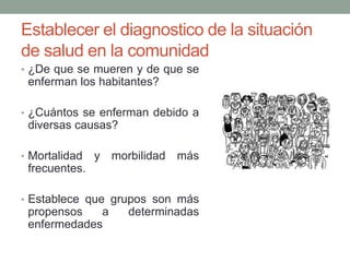 Establecer el diagnostico de la situación
de salud en la comunidad
• ¿De que se mueren y de que se
enferman los habitantes?
• ¿Cuántos se enferman debido a
diversas causas?
• Mortalidad y morbilidad más
frecuentes.
• Establece que grupos son más
propensos a determinadas
enfermedades
 