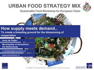URBAN FOOD STRATEGY MIX
Sustainable Food Workshop for European Cities

How supply meets demand..
To create a breeding ground for the blossoming of
cooperation
Anne de Feijter
Municipality of Amersfoort,
the Netherlands
a.defeijter@amersfoort.nl
www.amersfoort.nl

An URBACT II Thematic Network - Sustainable Food in Urban Communities

 