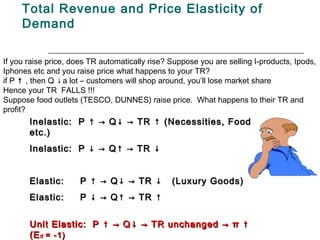 Total Revenue and Price Elasticity of
     Demand

If you raise price, does TR automatically rise? Suppose you are selling I-products, Ipods,
Iphones etc and you raise price what happens to your TR?
if P ↑ , then Q ↓ a lot – customers will shop around, you’ll lose market share
Hence your TR FALLS !!!
Suppose food outlets (TESCO, DUNNES) raise price. What happens to their TR and
profit?
       Inelastic: P ↑ → Q↓ → TR ↑ (Necessities, Food
       etc.)
       Inelastic: P ↓ → Q↑ → TR ↓


       Elastic:       P ↑ → Q↓ → TR ↓           (Luxury Goods)
       Elastic:       P ↓ → Q↑ → TR ↑


       Unit Elastic: P ↑ → Q↓ → TR unchanged → π ↑
       (E d = -1)
 