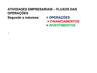 ATIVIDADES EMPRESARIAIS – FLUXOS DAS
OPERAÇÕES

Segundo a natureza: > OPERAÇÕES
> FINANCIAMENTOS
> INVESTIMENTOS
 