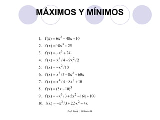 Prof: René L. Williams G
MÁXIMOS Y MÍNIMOS
x4x5,23/x)x(f.10
100x16x53/x)x(f.9
)10x5()x(f.8
10x84/x)x(f.7
x60x83/x)x(f.6
10/x)x(f.5
2/x94/x)x(f.4
24x)x(f.3
25x18)x(f.2
10x48x6)x(f.1
23
23
3
24
23
2
24
3
3
2










 