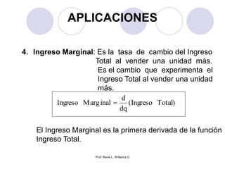 Prof: René L. Williams G
APLICACIONES
4. Ingreso Marginal: Es la tasa de cambio del Ingreso
Total al vender una unidad más.
Es el cambio que experimenta el
Ingreso Total al vender una unidad
más.
)TotalIngreso(
dq
d
inalargMIngreso 
El Ingreso Marginal es la primera derivada de la función
Ingreso Total.
 