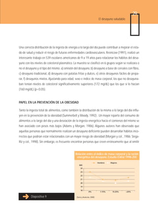 29
                                                                              El desayuno saludable




Una correcta distribución de la ingesta de energía a lo largo del día puede contribuir a mejorar el esta-
do de salud y reducir el riesgo de futuras enfermedades cardiovasculares. Resnicow (1991), realizó un
interesante trabajo en 539 escolares americanos de 9 a 19 años para relacionar los hábitos del desa-
yuno con los niveles de colesterol plasmático. La muestra se clasificó en 6 grupos según se realizara o
no el desayuno y el tipo del mismo: a) omisión del desayuno, b) desayuno a base de cereales con fibra,
c) desayuno tradicional, d) desayuno con patatas fritas y dulces, e) otros desayunos fáciles de prepa-
rar, f) desayunos mixtos. Ajustando para edad, sexo e índice de masa corporal, los que no desayuna-
ban tenían niveles de colesterol significativamente superiores (172 mg/dL) que los que sí lo hacían
(160 mg/dL) (p<0,05).



PAPEL EN LA PREVENCIÓN DE LA OBESIDAD

Tanto la ingesta total de alimentos, como también la distribución de la misma a lo largo del día influ-
yen en la prevención de la obesidad (Summerbell y Moody, 1992) . Un mayor reparto del consumo de
alimentos a lo largo del día y una desviación de la ingesta energética hacia el comienzo del mismo se
han asociado con pesos más bajos (Adams y Morgan, 1986). Algunos autores han observado que
aquellas personas que normalmente realizan un desayuno deficiente pueden desarrollar hábitos inco-
rrectos que podrían estar relacionados con un mayor riesgo de obesidad (Morgan y col., 1986; Siega-
Riz y col., 1998). Sin embargo, es frecuente encontrar personas que creen erróneamente que al omitir


                                                 Relación entre el índice de masa corporal y la ración
                                                  energética del desayuno. Estudio EnKid 1998-200
                                                                             Hombres   Mujeres
                                                     IMC
                                                       24

                                                       23

                                                       22

                                                       21

                                                       20

                                                       19

                                                       18
                                                                  0%           1-15%     15-25%       >25%

          Diapositiva 9                           (Serra y Aranceta, 2000)
 