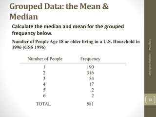 Grouped Data: the Mean &
Median
Number of People Age 18 or older living in a U.S. Household in
1996 (GSS 1996)
Number of People Frequency
1 190
2 316
3 54
4 17
5 2
6 2
TOTAL 581
Calculate the median and mean for the grouped
frequency below.
4/22/2021
Descriptive
Statistics
18
 