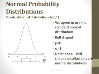 Normal Probability
Distributions
StandardNormalDistribution–N(0,1)
• We agree to use the
standard normal
distribution
• Bell shaped
• =0
• =1
• Note: not all bell
shaped distributions are
normal distributions
4/22/2021 Descriptive Statistics 39
 