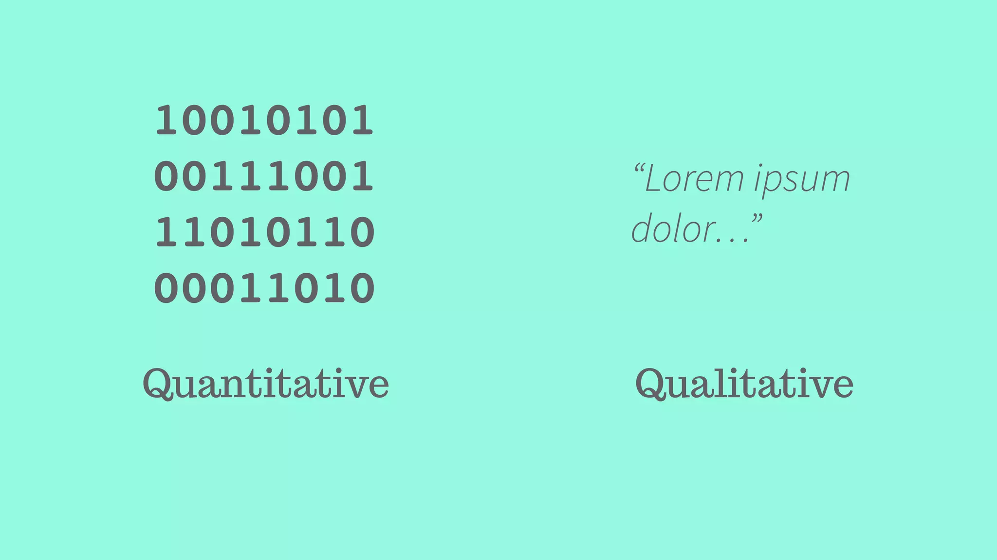 Quantitative Qualitative
10010101
00111001
11010110
00011010
“Lorem ipsum
dolor…”
 