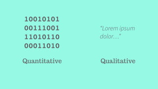 Quantitative Qualitative
10010101
00111001
11010110
00011010
“Lorem ipsum
dolor…”
 