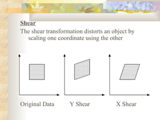 Shear
The shear transformation distorts an object by
  scaling one coordinate using the other




Original Data      Y Shear            X Shear
 