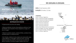 ANTÁRTICA
ITINERARIO
DE USHUAIA A USHUAIA
ITINERARIO:
Día 01: Ushuaia, Argentina
Día 02: Travessia do Drake, Navegação
Día 03: Travessia do Drake, Navegação
Día 04: Estreito da Antárctica
Día 05: Península Antárctica
Día 06: Península Antárctica
Día 07: Península Antárctica
Día 08: Ilhas Shetland do Sur, Antárctica
Día 09: Passagem do Drake, Navegação
Día 10: Pasaje de Drake, Navegação
Día 11: Ushuaia, Argentina
DESTAQUES DA VIAGEM
• Espectaculares esculturas de iceberg
• Observar elefantes marinos, focas peleteras antárticas, focas
de Weddell, focas leopardo e focas cangrejeras na água, em
terra e no gelo.
• Observe as baleias Jubarte, as baleias Minke, as baleias Orcas,
as baleias-piloto e as baleias de bico.
• Ver Pintados, albatroz errante, albatroz-de-sobrancelha negra
e petrel gigante e na Passagem, bainha de neve, cormorão
Antártico, andorinha antártica, Fulmares do sul, petréis de
Wilson e Gentoo, Chinstrap e pinguins Adelie mais ao sul.
SAÍDA: 25 de Fevereiro, 2019
DURAÇÃO: 10 noites / 11 dias
 