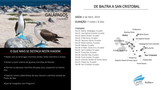 GALÁPAGOS
ITINERÁRIO
DE BALTRA A SAN CRISTOBAL
ITINERARIO:
Día 01: Baltra, Galápagos, Ecuador
Día 01: Isla Daphne Grande, Ecuador
Día 02: Bahía Darwin, Ecuador
Día 02: El Barranco, Ecuador
Día 03: Seymour Norte, Ecuador
Día 03: Bahía Sullivan, Ecuador
Día 04: Rábida, Ecuador
Día 04: El Edén, Santa Cruz, Ecuador
Día 05: San Cristóbal, Ecuador
Día 05: Punta Pitt, Ecuador
Día 06: Gardner Bay, Ecuador
Día 06: Punta Suárez, Ecuador
Día 07: Estación Darwin & Puerto Ayora
Día 07: Plazas Sur, Ecuador
Día 08: San Cristóbal, Ecuador
O QUE MAIS SE DESTACA NESTA VIAGEM
• Nadar com as tartarugas marinhas verdes, leôes marinhos e arraias.
• Visitar a maior colonia de iguanas marinhas do Mundo.
• Admirar os pássaros marinhos de patas azuis piqueiros na mesma
ilha..
• Explorar túneis subterrâneos de lava natural e caminhar através de
fluxos de lava.
•Que tal mergulhar com Pinguins?
SAÍDA: 6 de Abril, 2019
DURAÇÃO: 7 noites / 8 dias
 