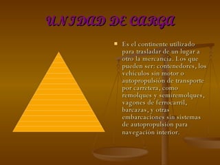 UNIDAD DE CARGA Es el continente utilizado para trasladar de un lugar a otro la mercancía. Los que pueden ser: contenedores, los vehículos sin motor o autopropulsión de transporte por carretera, como remolques y semiremolques, vagones de ferrocarril, barcazas, y otras embarcaciones sin sistemas de autopropulsión para   navegación interior. 