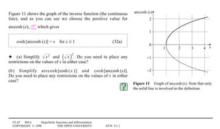 FLAP M4.6 Hyperbolic functions and differentiation
COPYRIGHT © 1998 THE OPEN UNIVERSITY S570 V1.1
2
1
0
−1
−2
2 31 4 x
arccosh (x)
Figure 114Graph of arccosh1(x). Note that only
the solid line is involved in the deﬁnition.
Figure 11 shows the graph of the inverse function (the continuous
line), and as you can see we choose the positive value for
arccosh1(x),  which gives
cosh1[arccosh1(x)] = x4for x ≥ 1 (32a)
3 (a) Simplify x2 and x( )2
. Do you need to place any
restrictions on the values of x in either case?
(b) Simplify arccosh1[cosh1( x )] and cosh1[arccosh1(x)].
Do you need to place any restrictions on the values of x in either
case?
 