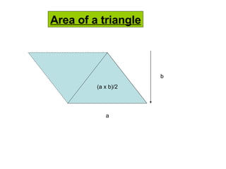 Area of a triangle a b (a x b)/2 