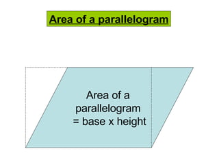 Area of a  parallelogram  = base x height Area of a parallelogram 