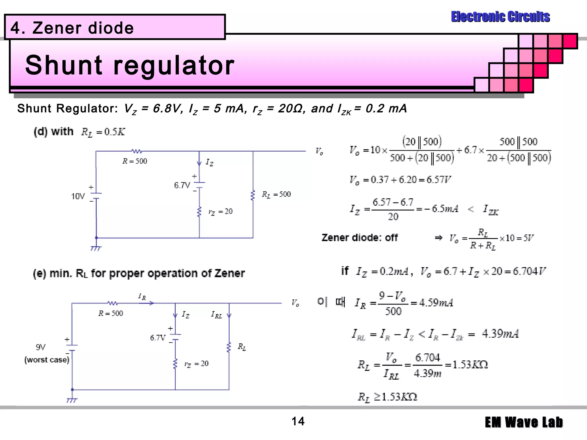 Electronic Circuits
4. Zener diode

 Shunt regulator
Shunt Regulator: V Z = 6.8V, I Z = 5 mA, r Z = 20Ω, and I Z K = 0.2 mA




                                                 14                            EM Wave Lab
 