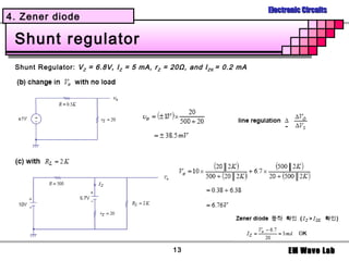 Electronic Circuits
4. Zener diode

 Shunt regulator
 Shunt Regulator: V Z = 6.8V, I Z = 5 mA, r Z = 20Ω, and I Z K = 0.2 mA




                                                13                              EM Wave Lab
 