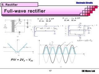 Electronic Circuits
5. Rectifier

 Full-wave rectifier




      PIV = 2V S – V D0


                          17         EM Wave Lab
 