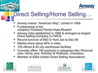Direct Selling/Home Selling…
 Amway means “American Way"; coined in 1959
 Fundamental of the
company:Freedom,Family,Hope,Reward
 Amway India established in 1995 & emerged as largest
Direct Selling Company in FMCG
 Record turnover of 800 Cr from Jan to Dec 08
 Market share about 40% in India
 125 offices & 55 city warehouse facilities
 Currently offers 105 products in categories like: Personal
care, Home care, Nutrition & Wellness, Cosmetics
 Member of IDSA (Indian Direct Selling Association)
 