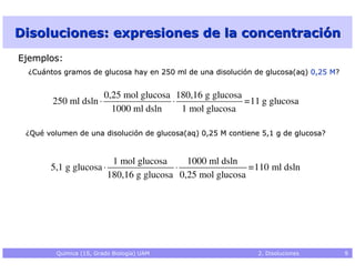 Disoluciones: expresiones de la concentración
Ejemplos:
  ¿Cuántos gramos de glucosa hay en 250 ml de una disolución de gl...
