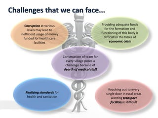 Challenges that we can face...
Corruption at various
levels may lead to
inefficient usage of money
funded for health care
facilities
Providing adequate funds
for the formation and
functioning of this body is
difficult in the times of
economic crisis
Realizing standards for
health and sanitation
Reaching out to every
single door in rural areas
wanting transport
facilities is difficult
Construction of team for
every village poses a
challenge because of
dearth of medical staff
 