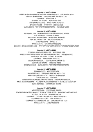Journée 11 le 09/11/2014
PFAFFENTHAL-WEIMERSKIRCH FC RED BLACK EGALITE 07 - MENSDORF SYRA
GASPERICH TRICOLORE - CESSANGE-BRACARENSES F.C. 01
SANEM CS - MUNSBACH FC
BELVAUX THE BELVAL - ASPELT RED BOYS
ECHTERNACH DARING - MERL-BELAIR RED STAR
BIWER JEUNESSE - MOUTFORT-MEDINGEN US
LUXEMBOURG PORTO FC AMIS DES SPORTS - ITZIG BLO-WEISS
Journée 12 le 16/11/2014
MENSDORF SYRA - LUXEMBOURG PORTO FC AMIS DES SPORTS
ITZIG BLO-WEISS - BIWER JEUNESSE
MOUTFORT-MEDINGEN US - ECHTERNACH DARING
MERL-BELAIR RED STAR - BELVAUX THE BELVAL
ASPELT RED BOYS - SANEM CS
MUNSBACH FC - GASPERICH TRICOLORE
CESSANGE-BRACARENSES F.C. 01 - PFAFFENTHAL-WEIMERSKIRCH FC RED BLACK EGALITE 07
Journée 13 le 23/11/2014
CESSANGE-BRACARENSES F.C. 01 - MENSDORF SYRA
PFAFFENTHAL-WEIMERSKIRCH FC RED BLACK EGALITE 07 - MUNSBACH FC
GASPERICH TRICOLORE - ASPELT RED BOYS
SANEM CS - MERL-BELAIR RED STAR
BELVAUX THE BELVAL - MOUTFORT-MEDINGEN US
ECHTERNACH DARING - ITZIG BLO-WEISS
BIWER JEUNESSE - LUXEMBOURG PORTO FC AMIS DES SPORTS
Journée 14 le 22/02/2015
MUNSBACH FC - MENSDORF SYRA
ASPELT RED BOYS - CESSANGE-BRACARENSES F.C. 01
MOUTFORT-MEDINGEN US - GASPERICH TRICOLORE
ITZIG BLO-WEISS - SANEM CS
LUXEMBOURG PORTO FC AMIS DES SPORTS - BELVAUX THE BELVAL
MERL-BELAIR RED STAR - PFAFFENTHAL-WEIMERSKIRCH FC RED BLACK EGALITE 07
BIWER JEUNESSE - ECHTERNACH DARING
Journée 15 le 01/03/2015
MENSDORF SYRA - ECHTERNACH DARING
PFAFFENTHAL-WEIMERSKIRCH FC RED BLACK EGALITE 07 - MOUTFORT-MEDINGEN US
BELVAUX THE BELVAL - BIWER JEUNESSE
SANEM CS - LUXEMBOURG PORTO FC AMIS DES SPORTS
GASPERICH TRICOLORE - ITZIG BLO-WEISS
CESSANGE-BRACARENSES F.C. 01 - MERL-BELAIR RED STAR
MUNSBACH FC - ASPELT RED BOYS
 