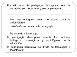 Por ello tanto la pedagogía descriptiva como la
  normativa son necesarias y se complementan.



  Los dos enfoques sirven de apoyo para la
  ordenación o
  división de las partes de la pedagogía.

   De acuerdo a Luzuriaga;
la pedagogía descriptiva estudia los factores:
   biológicos, psicológicos, y sociológicos de la
   educación
la pedagogía normativa, se divide en teleológica y
   tecnológica;
 