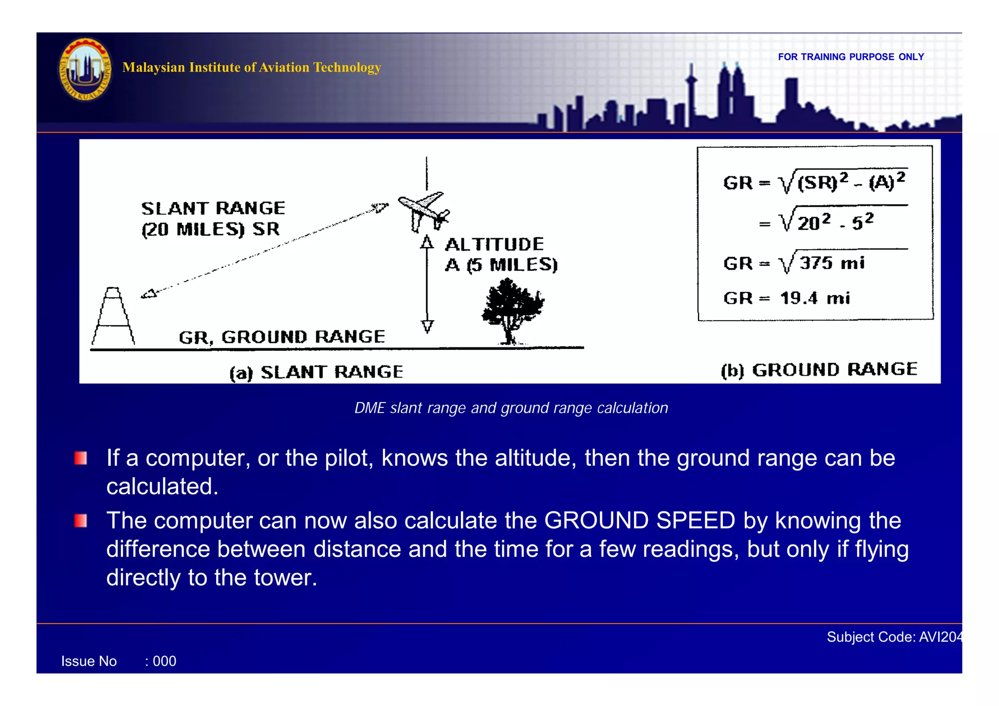 FOR TRAINING PURPOSE ONLY
Subject Code: AVI2041
Malaysian Institute of Aviation Technology
Issue No : 000
If a computer, or the pilot, knows the altitude, then the ground range can be
calculated.
The computer can now also calculate the GROUND SPEED by knowing the
difference between distance and the time for a few readings, but only if flying
directly to the tower.
DME slant range and ground range calculation
 