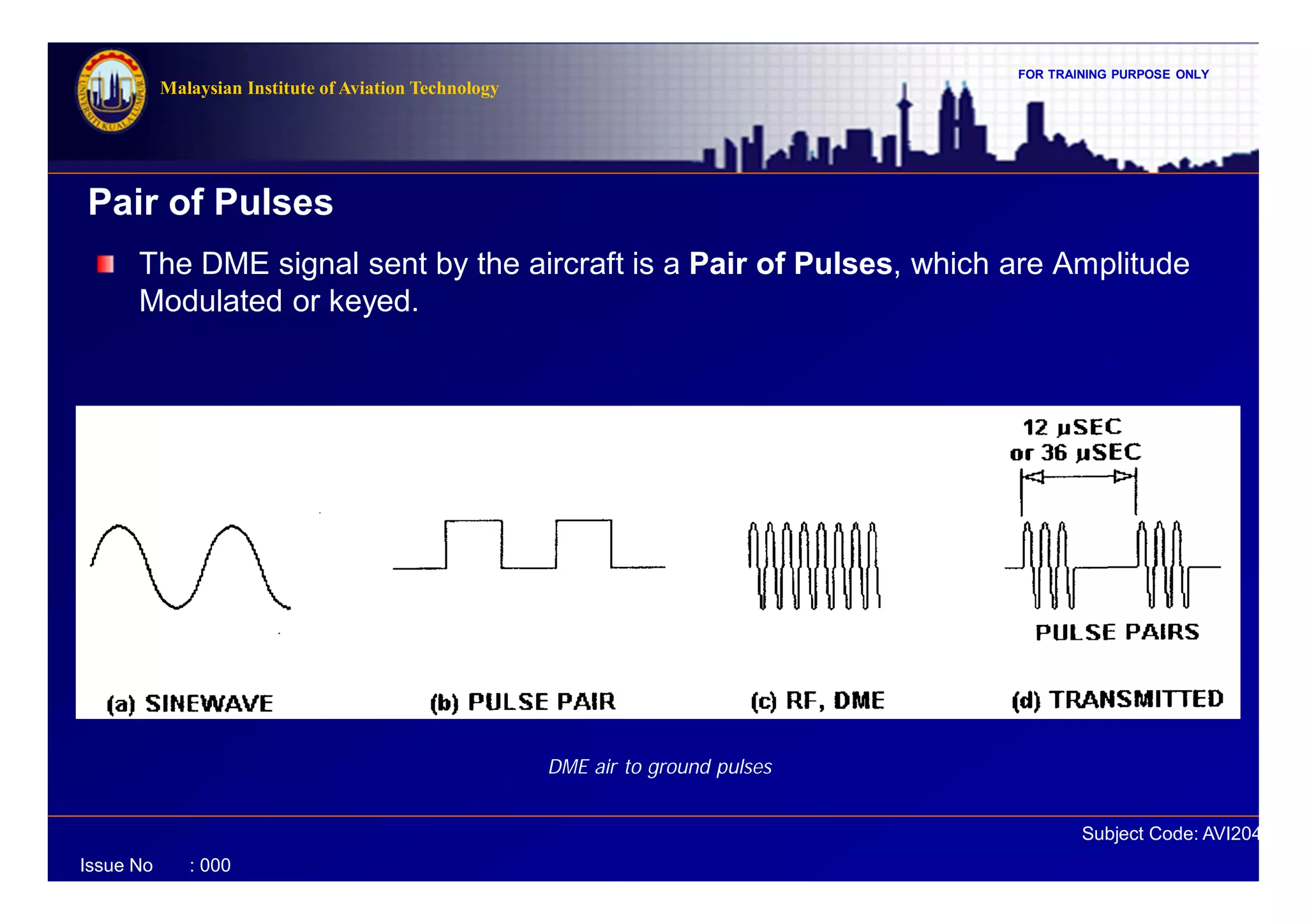 FOR TRAINING PURPOSE ONLY
Subject Code: AVI2041
Malaysian Institute of Aviation Technology
Issue No : 000
The DME signal sent by the aircraft is a Pair of Pulses, which are Amplitude
Modulated or keyed.
Pair of Pulses
DME air to ground pulses
 