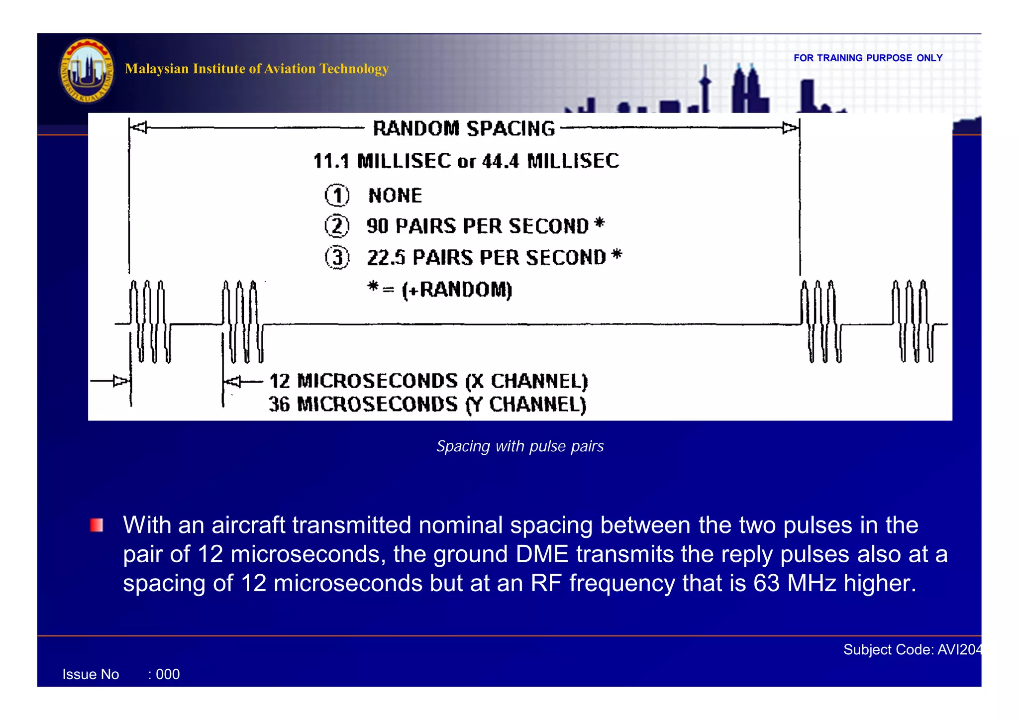 FOR TRAINING PURPOSE ONLY
Subject Code: AVI2041
Malaysian Institute of Aviation Technology
Issue No : 000
With an aircraft transmitted nominal spacing between the two pulses in the
pair of 12 microseconds, the ground DME transmits the reply pulses also at a
spacing of 12 microseconds but at an RF frequency that is 63 MHz higher.
Spacing with pulse pairs
 